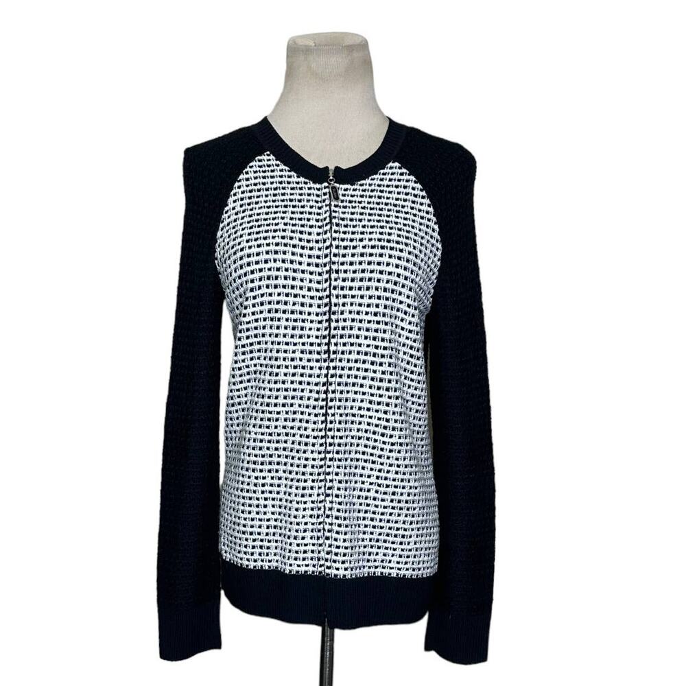 St. John black white knit long sleeves zippered cardigan jacket size XP
